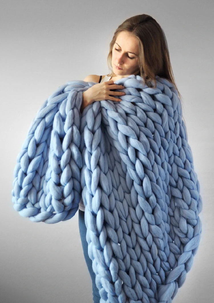 Горячее предложение, вязаное шерстяное одеяло ручной работы из толстой пряжи, объемное вязаное одеяло, теплое зимнее одеяло для дивана, кровати, домашний декор, одеяло, Прямая поставка - Цвет: Небесно-голубой