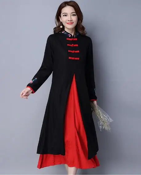 

Free Shipping Vintage National Style Single Frog Button Decorated Exquisite Embroidery Stand Collar Two-layers Dress Black