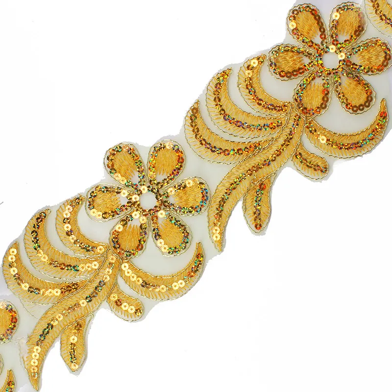 Gold Flower Applique Sequin Trims Beaded Trim Embroidery Flower Lace