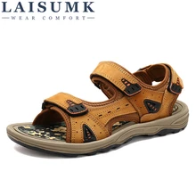 Laisumk Для мужчин сандалии высокое качество из коровьей кожи летние мужские туфли Повседневное открытый человек пляжные шлепанцы