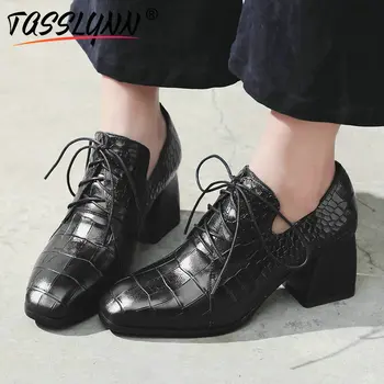 

TASSLYNN 2019 Square High Heels Women Pumps Spring and Autumn Women Shoes Squared Toe Square Heels Pumps Women Lace Up 34-39