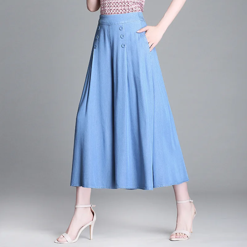 

Spring Summer Woman Plus Size Tencel Solid Wide Leg Pants Loose High Elastic Waist Denim Skirts Pants Elegant Office Lady Pants