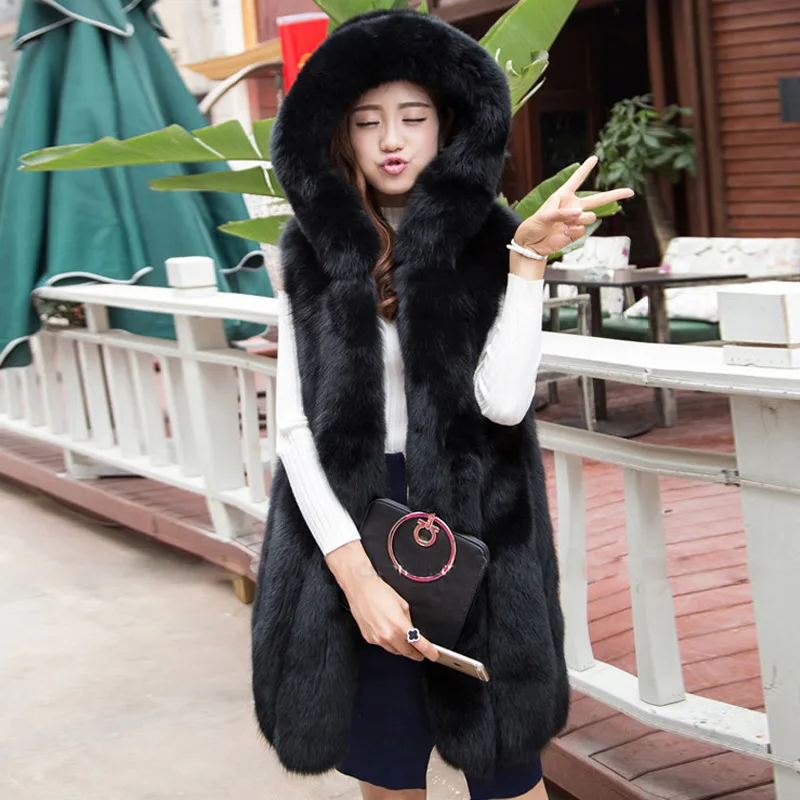 Faux Fur Coat Winter Women Casual Hooded Warm Slim Sleeveless Faux Fox Fur Vest Thick Jacket Coat Women Casaco Feminino Tanks