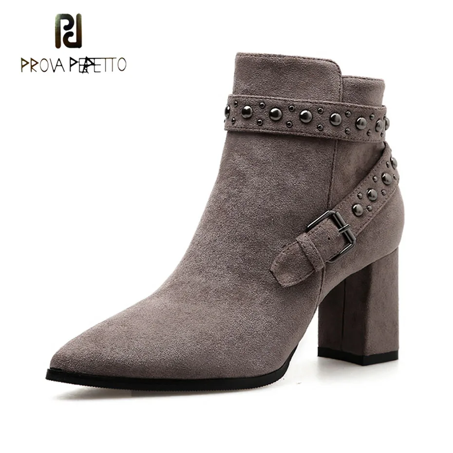 

Prova Perfetto british style women short boots pointed toe high heel martin boots rivet stud belt buckle decor chic boots female