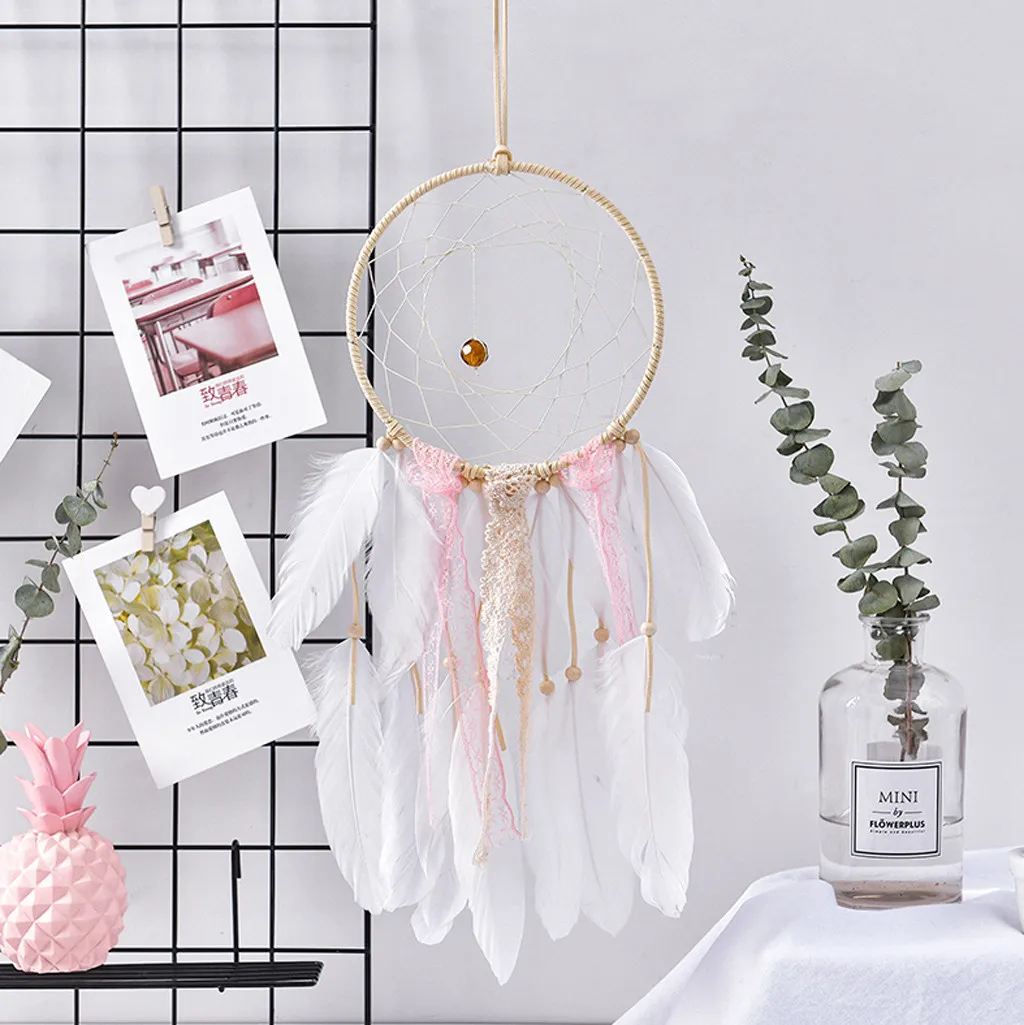 

Princess Dreamcatcher Pendant Wind Chimes Dream Catcher Pink Feathers Lace LED Night Light Wall Hanging Girl Room Home Decor