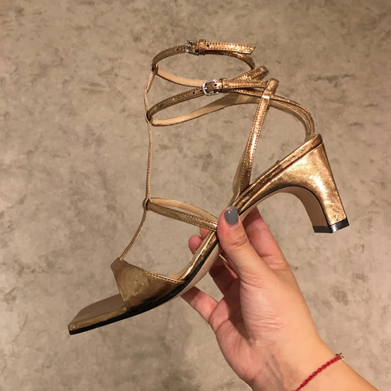 Gladiator Women High Heels Sandals Summer Square Toe Heels Gold Silver Heeled Platform Shoes Ladies Sexy Party Wedding Shoes L20 (9)