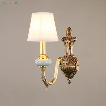

JW_American Living Room Copper Lusters LED Wall Lamps for Bedroom Restaurant Study Lights Villa Fabric Shape Decoration Lamp