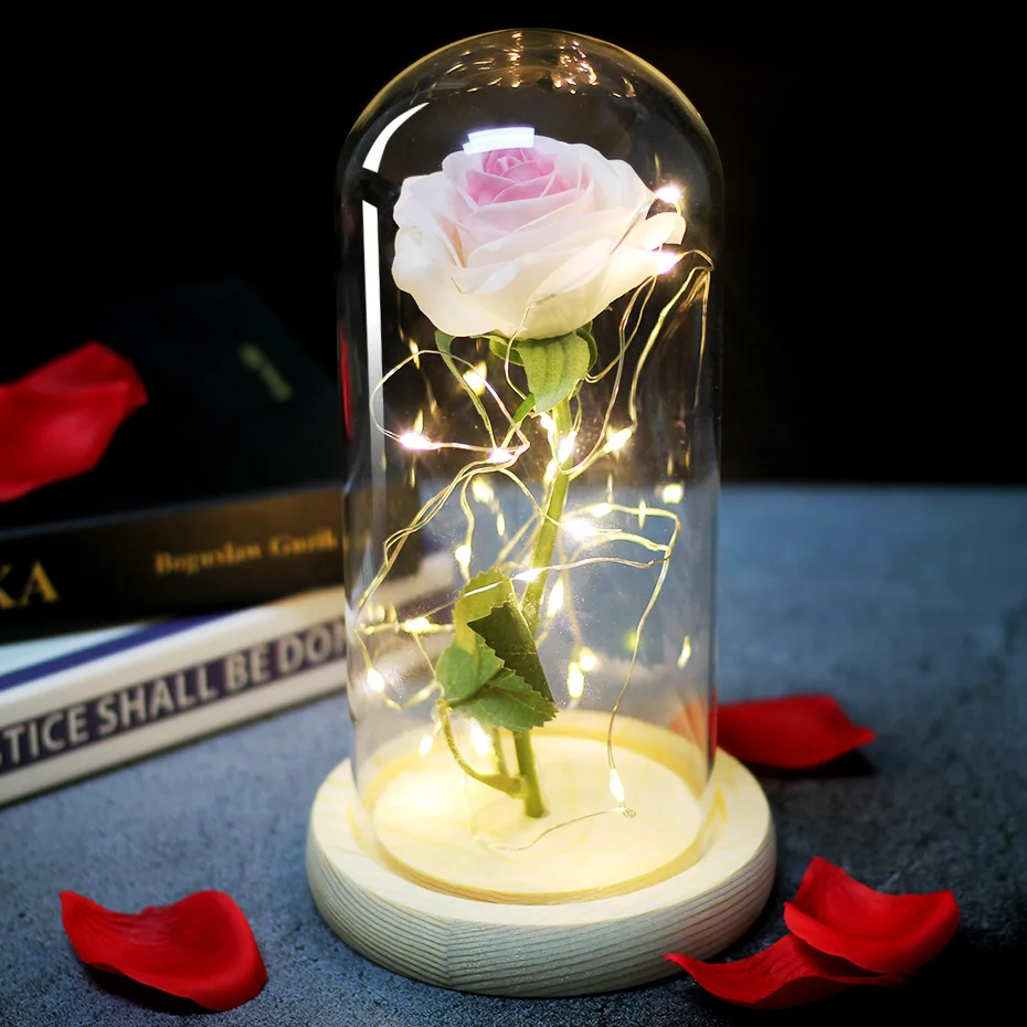 Украшение красота и чудовище вечный цветок Роза в колбе с светодиодный светильник в стеклянном куполе для свадьбы Рождественский подарок - Цвет: 01