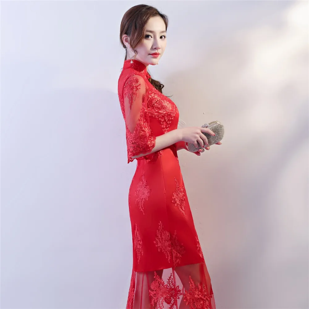 Шанхай история китайское традиционное платье цветочный вышивка долго русалка Qipao для Для женщин кружева платье Ципао Oriental платье