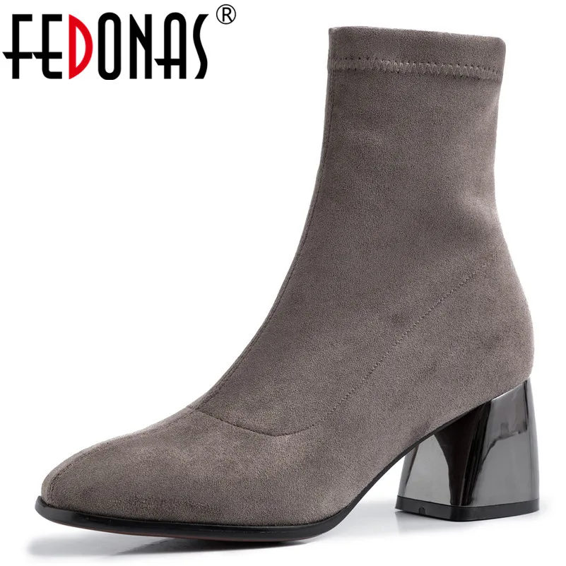 

FEDONAS Autumn Winter Warm Chelsea Boots Flock Women Ankle Boots Slip On High Heels Sexy Socks Boots Party Dancing Shoes Woman