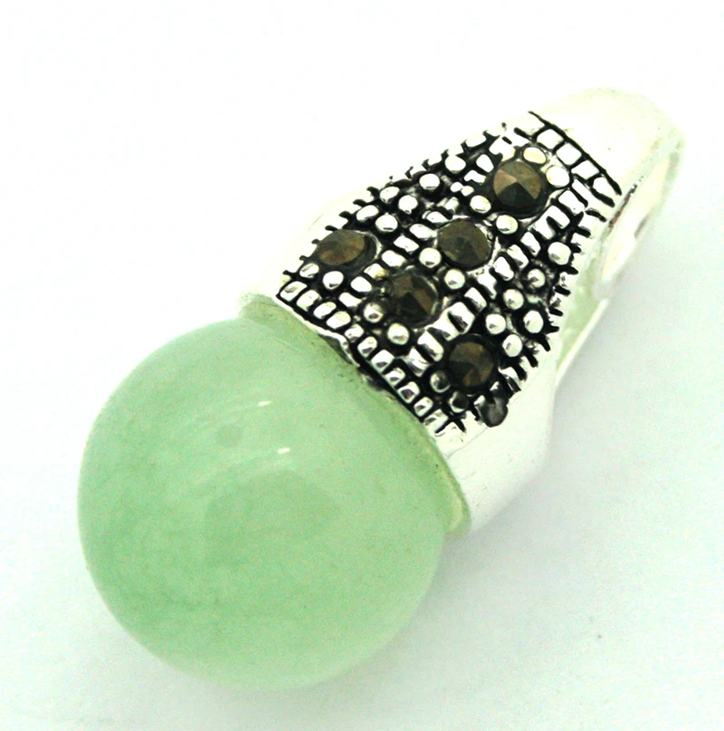 

12MM Round Natural Light Green jade Beads Marcasite 925 Sterling Silver Pendant