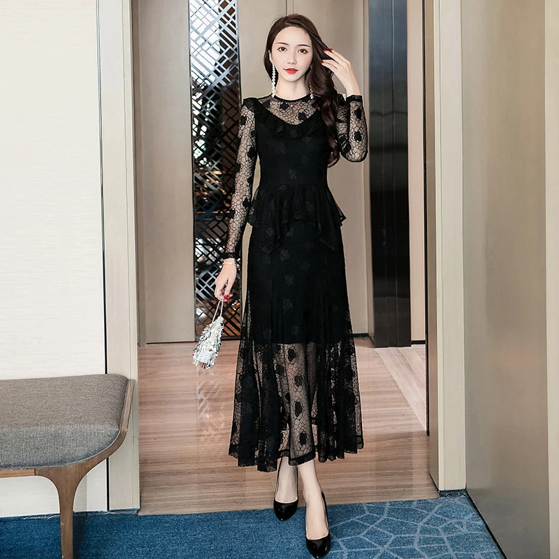 

Autumn Ladies plus size elegant lace long dressES abendkleider cultivating party Dress beautiful vestido de festa longo S-XXXXL
