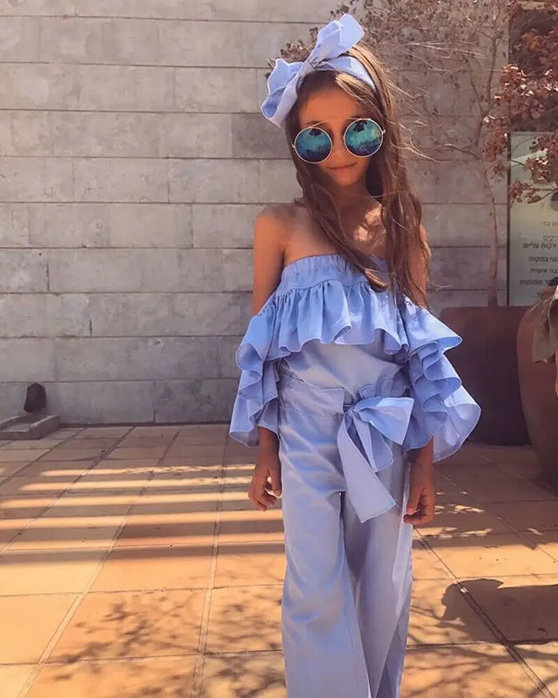 

1-5Y Toddler Baby Girl Off-Shoulder Free Sleeve Jumpsuit Blue Bow Ruffles Romper Sunsuit Outfit Summer Set
