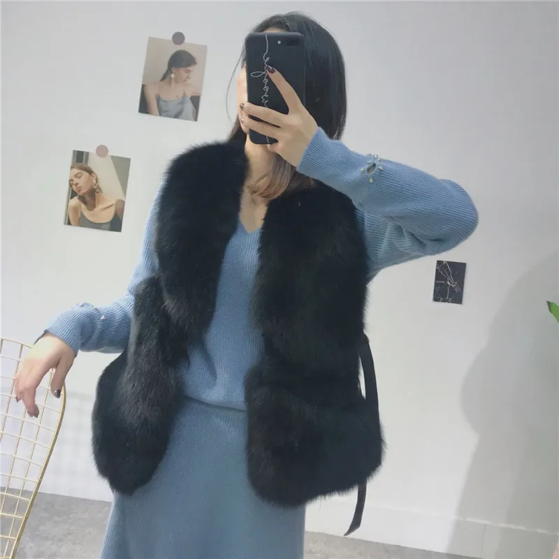 Новинка, модный S-XL, импортный, цельный, Лисий мех, жилет для женщин, женский, натуральный мех, короткое пальто, куртка, жилет, Осень-зима - Цвет: Black