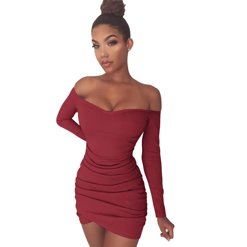 

2019 New Spring Sexy Slash Neck Women Dresses Long Sleeve Casual Solid Color Slim Dress Female Pleated Mini Dress Vestidos