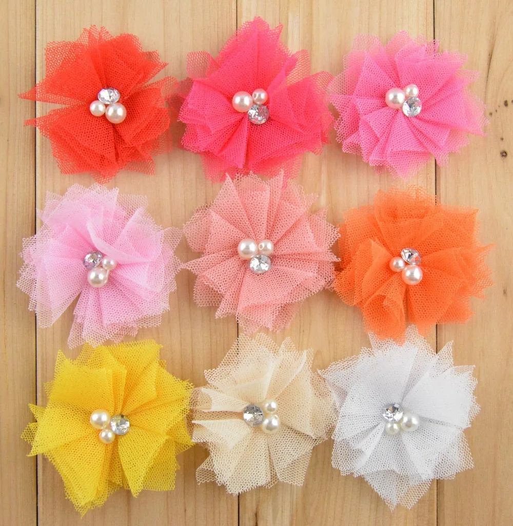 60 pcs/lot Small Tulle Mesh Fabric Flowers with Cluster Pearl