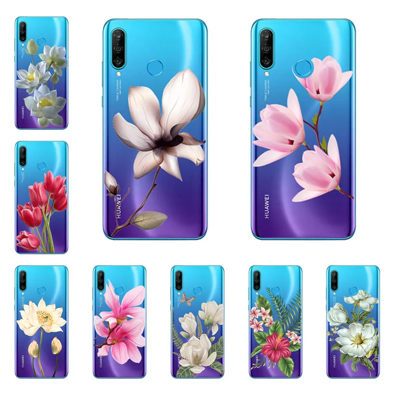

Huawei P30 lite Case,Silicon Black Painting flower Soft TPU Back Cover for Huawei nova 4e protect Phone cases shell