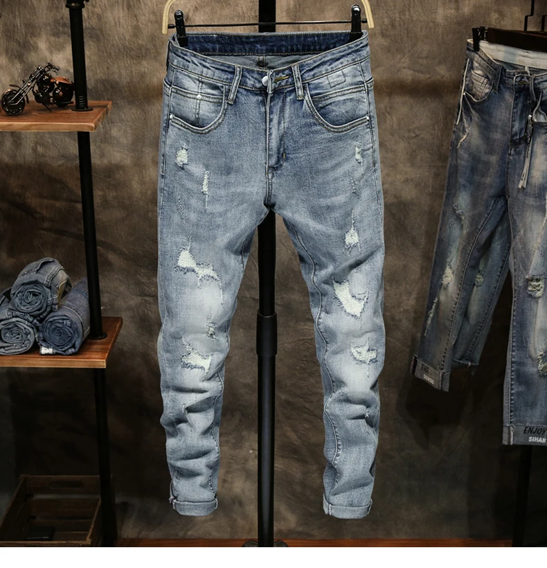 Ripped Jeans Men Skinny Light Blue High Street Style Male Jeans Elasticity Slim Fit Frayed Casual
