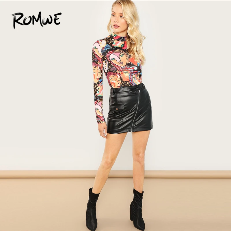 ROMWE футболка с длинным рукавом и рисунком, женские осенние элегантные топы, облегающие пуловеры, одежда для женщин
