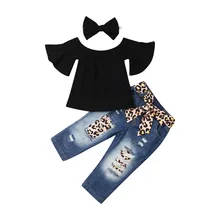 Комплекты одежды из 3 предметов для маленьких девочек и От 1 до 6 лет топы с открытыми плечами, футболка джинсовые штаны с леопардовым принтом повязка на голову, летний комплект