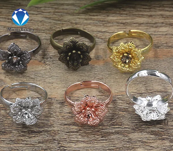 

MINGXUAN 10pcs 16mm*5mm Vintage Flower Ring Base Settings 6 Colors Adjustable Copper Blank Ring For Jewelry Making Findings