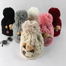 Korean version of the autumn and winter hat Bear Bear ball thicker warm wool hat women