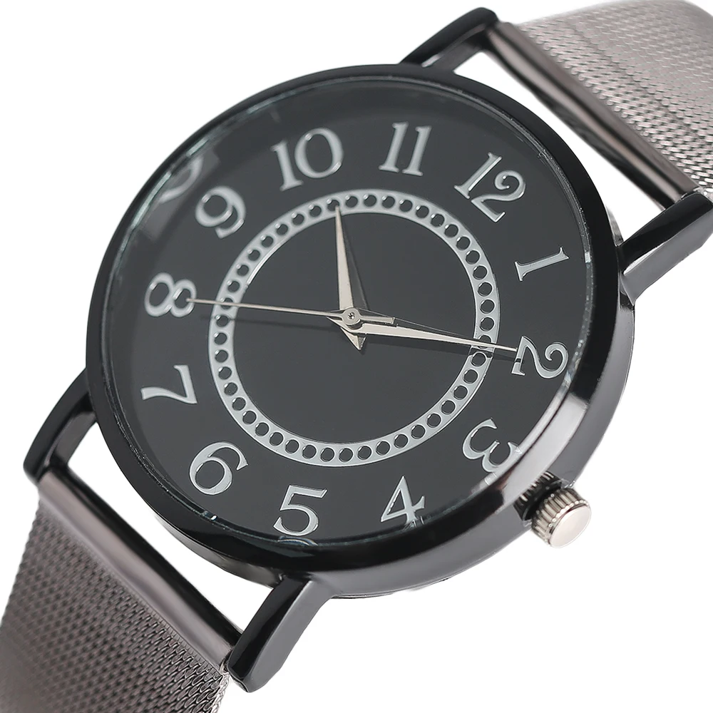 

Men Women Watch Simple Black/White Arabic Numerals Analog Dial Quartz Stainless Steel Mesh Band WristWatch Male Female Clock