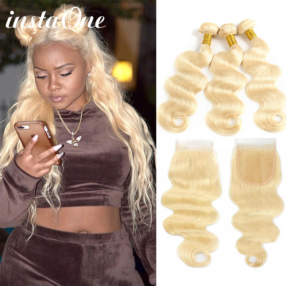 Instaone Blonde 613 Bundles With Closure 4Pcs/Lot Brazilian Body Wave 08-26 Inch Human Hair Bundles Virgin Hair Extension