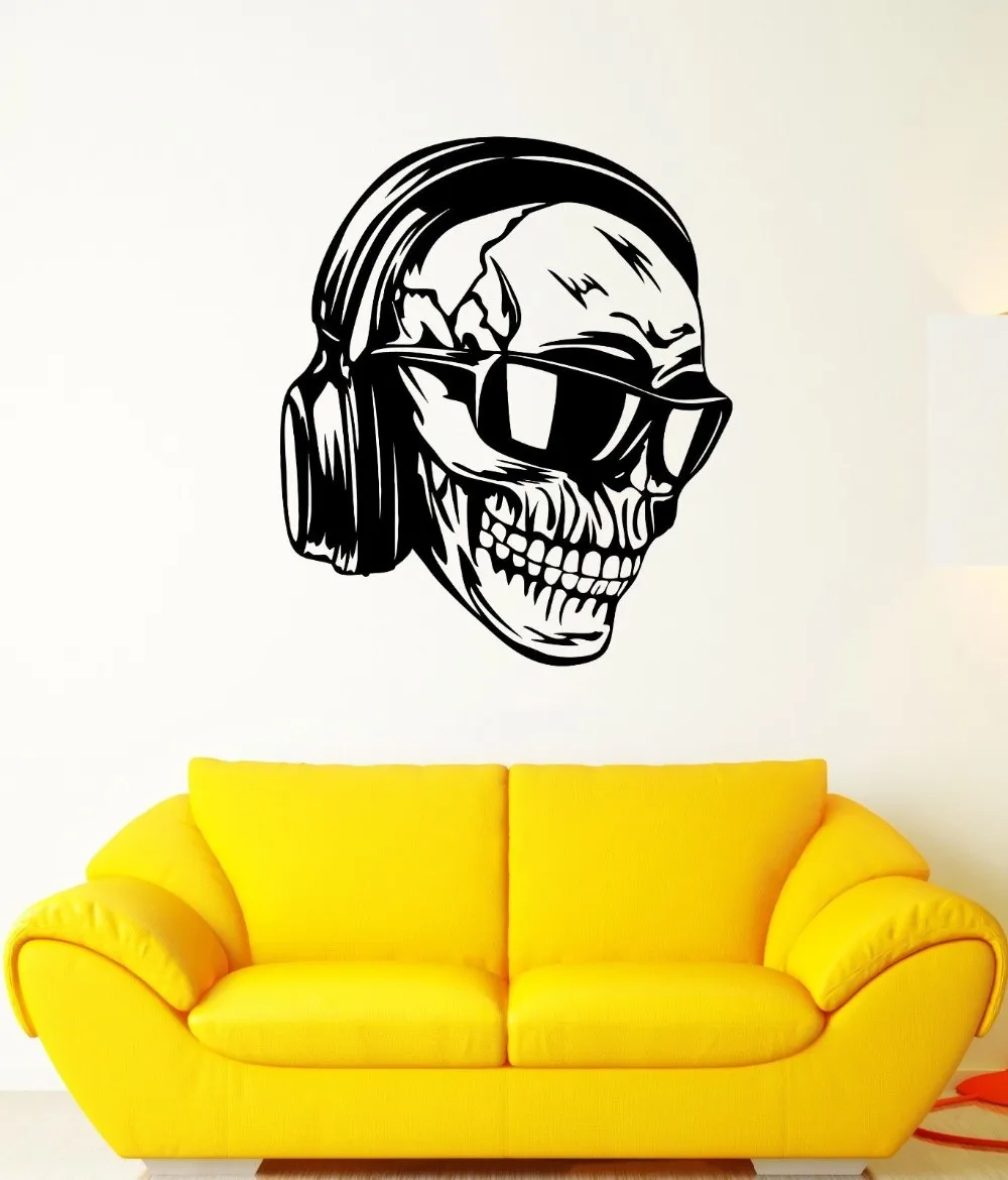 Съемные Виниловые наклейки на стену Скелет Череп с наушниками и очками художественный дизайн Музыка украшение дома обои YY210