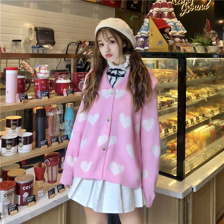 Корейский элегантный милый модный женский свитер Харадзюку каваи клубничное сердце прекрасный розовый кардиган куртки зимний Свободный вязаный джемпер
