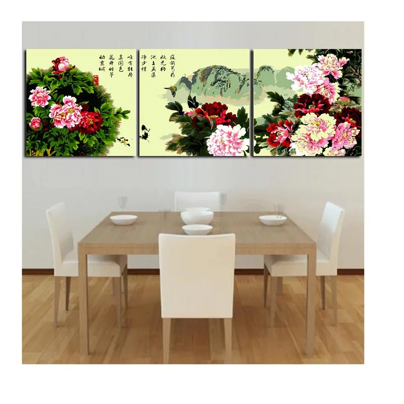 

3 pcs DIY Oil Painting by Numbers Flower Triptych Pictures tree peony Landscape Abstract Paint Wall Sticker Home Decor Gift