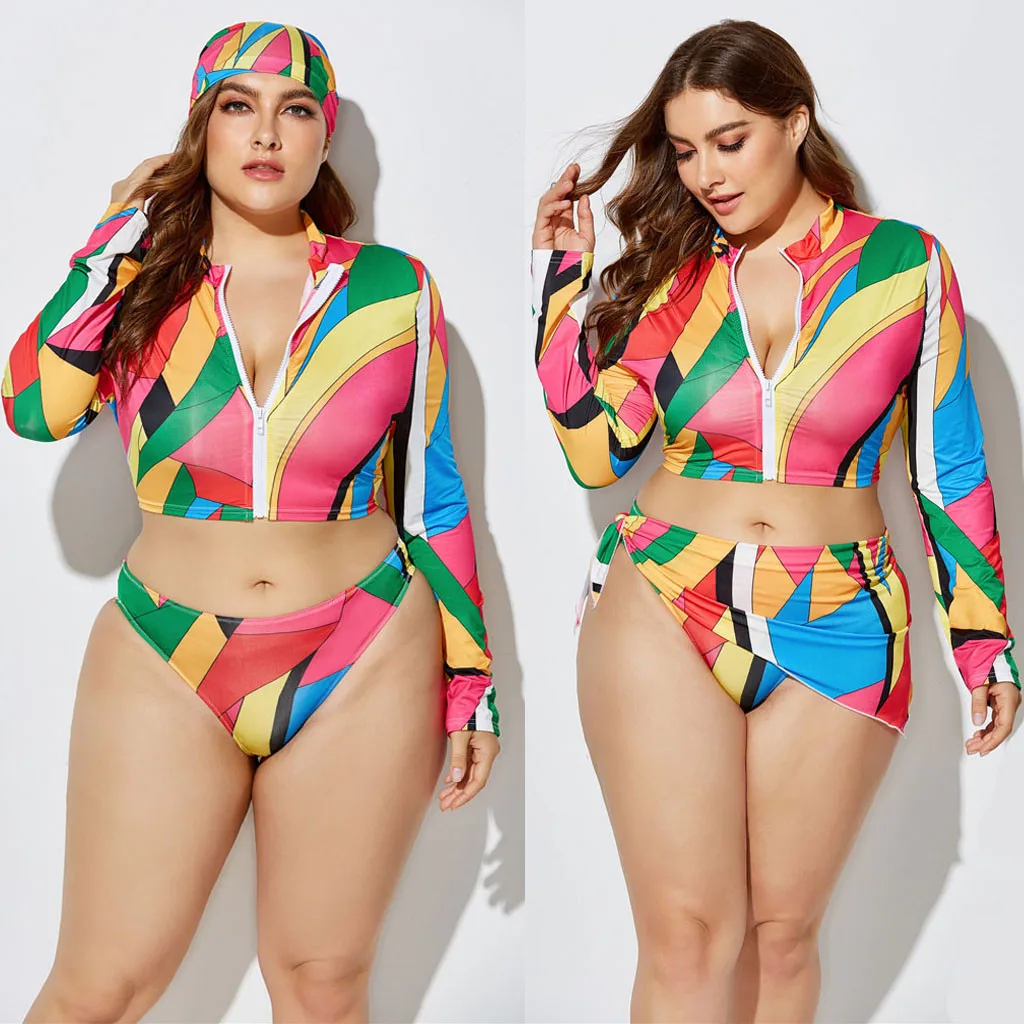 

Plus Size Swimwear Women's High Waist Print Split Long Sleeve Beach Three-Piece Set Suit Swimsuit 2019 Biquinis Feminino c604