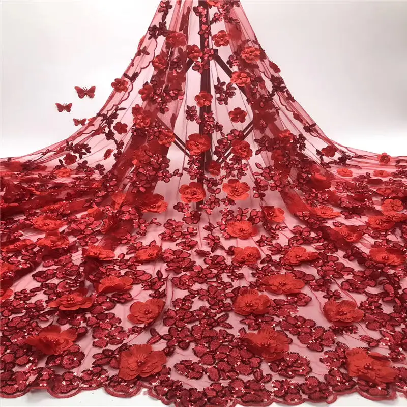 

3d lace fabric with beads 5yard fashion red African lace fabric sequins 2019 high quality 3d flower fabric dress