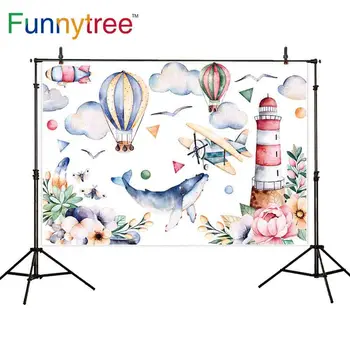 

Funnytree photo background white colors hot air balloon dolphin flowers lighthouse clouds Hand Painted photography backdrops