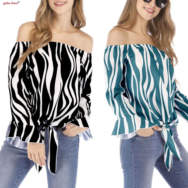 Fashion Woman Shirt Off Shoulder Striped Flare Long Sleeve
