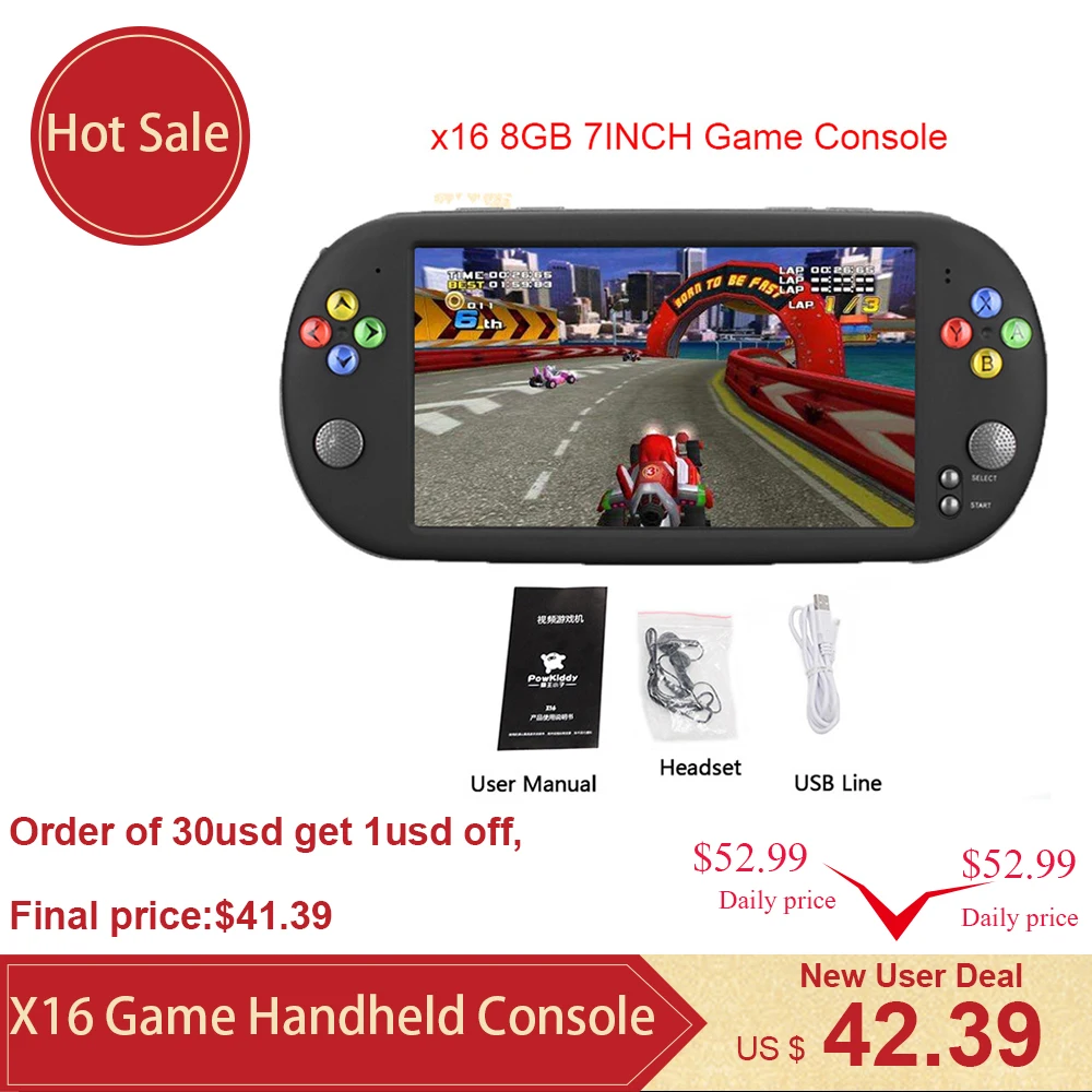 

X16 Handheld Consoles 7"Screen Video Game Console with Double Rocker For GBA Games Support TF Card 8GB Portable Game Console