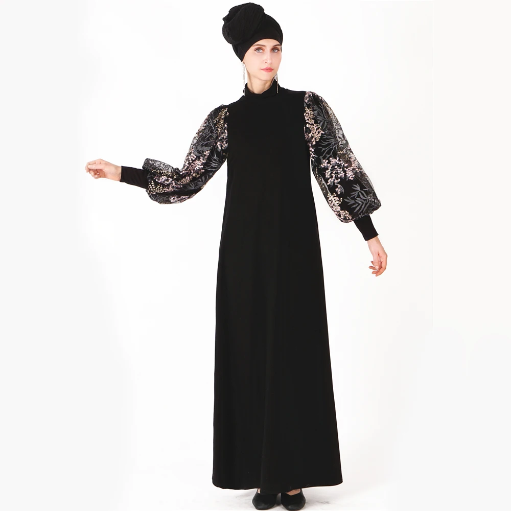 

2019 Fashion Beading Embroidery Abaya Ramadan Muslim Lantern Sleeve Black Long Dress Arab Full Length Caftan Prayer Robes