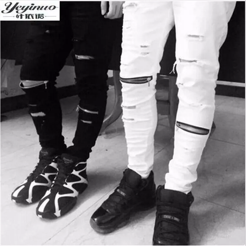 ripped jeans for men skinny Distressed slim famous brand designer biker hip hop swag tyga white