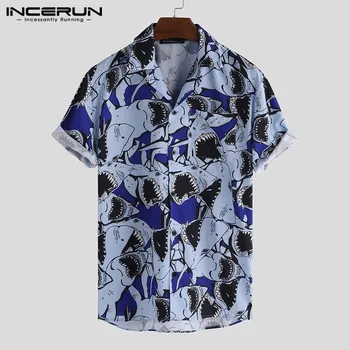 

INCERUN 2020 Fashion Men Shirt Printing Half Sleeve Streetwear Lapel Neck Button Blouse Breathable Vacation Men Hawaiian Shirts