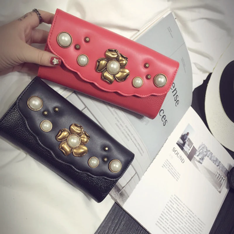 

2017 New European and American big pearl rivets lace flowers ladies long wallet PU leather wallet wallet bag z907