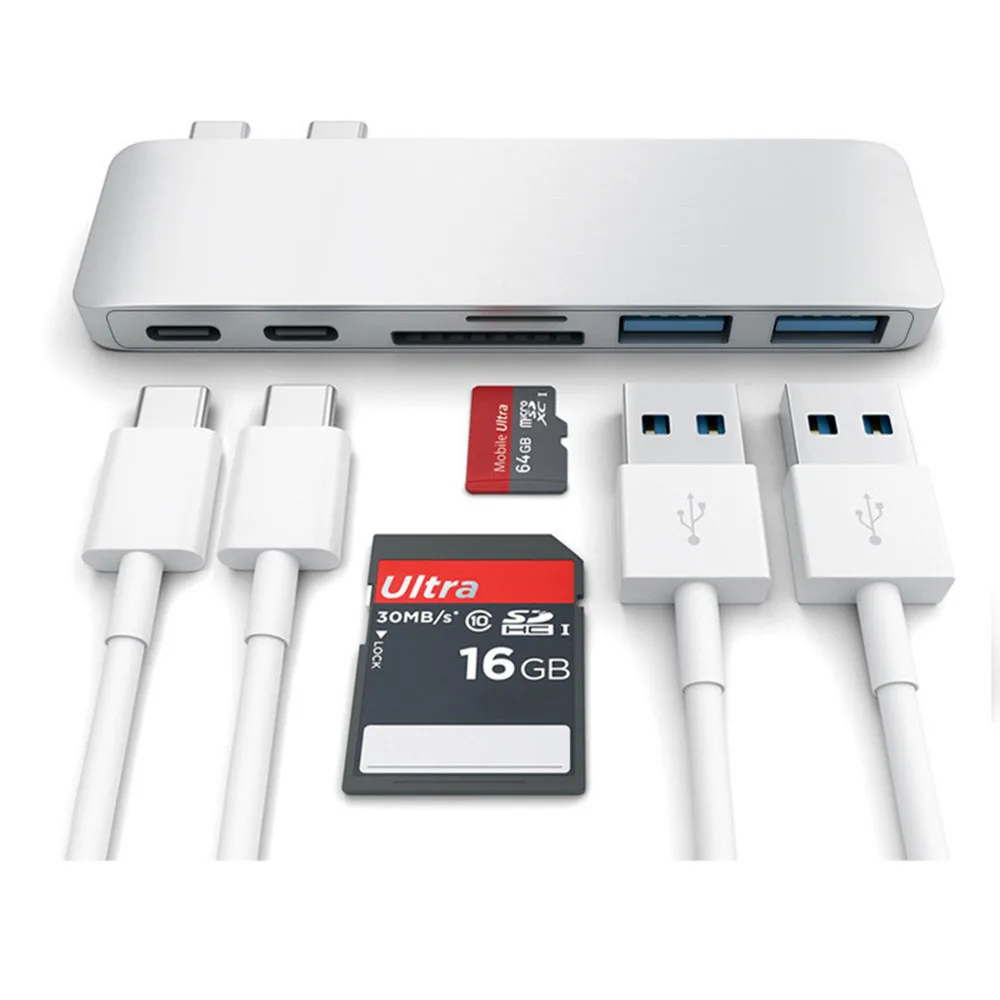

6in1 USB Hub Type C Multi-Port Adapter with 2 USB 3.0 Port PD Charging SD TF Card Reader for MacBook Pro 2016/2017 13 15