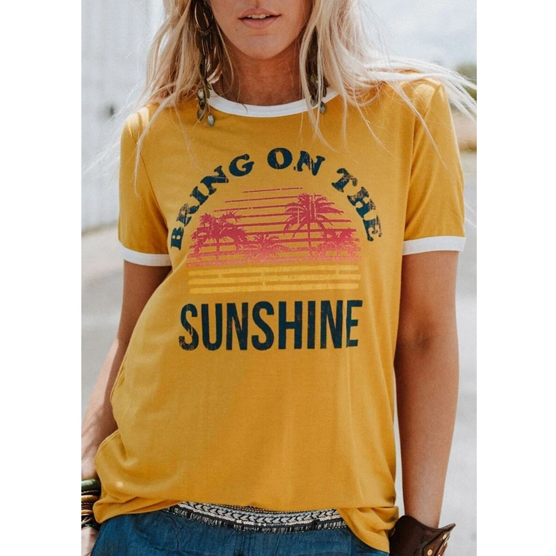 

2018 Womem Fasion T Shirt Bring on The Sunshine Ringer Tee Graphic Tee Shirt