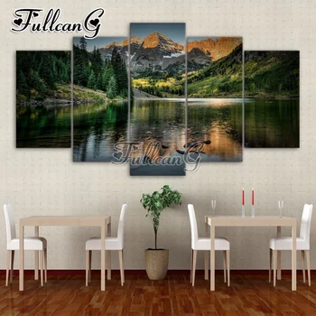 

FULLCANG 5pcs/set diamond painting "natural scenery lake" diy full rhinestone cross stitch square mosaic embroidery hobby G1007