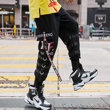 Новинка, брюки-карго в стиле пэчворк, с карманами, повседневные штаны для бега, с лентами, железной цепочкой, уличная одежда, спортивные штаны, мужские мешковатые штаны-шаровары в стиле хип-хоп