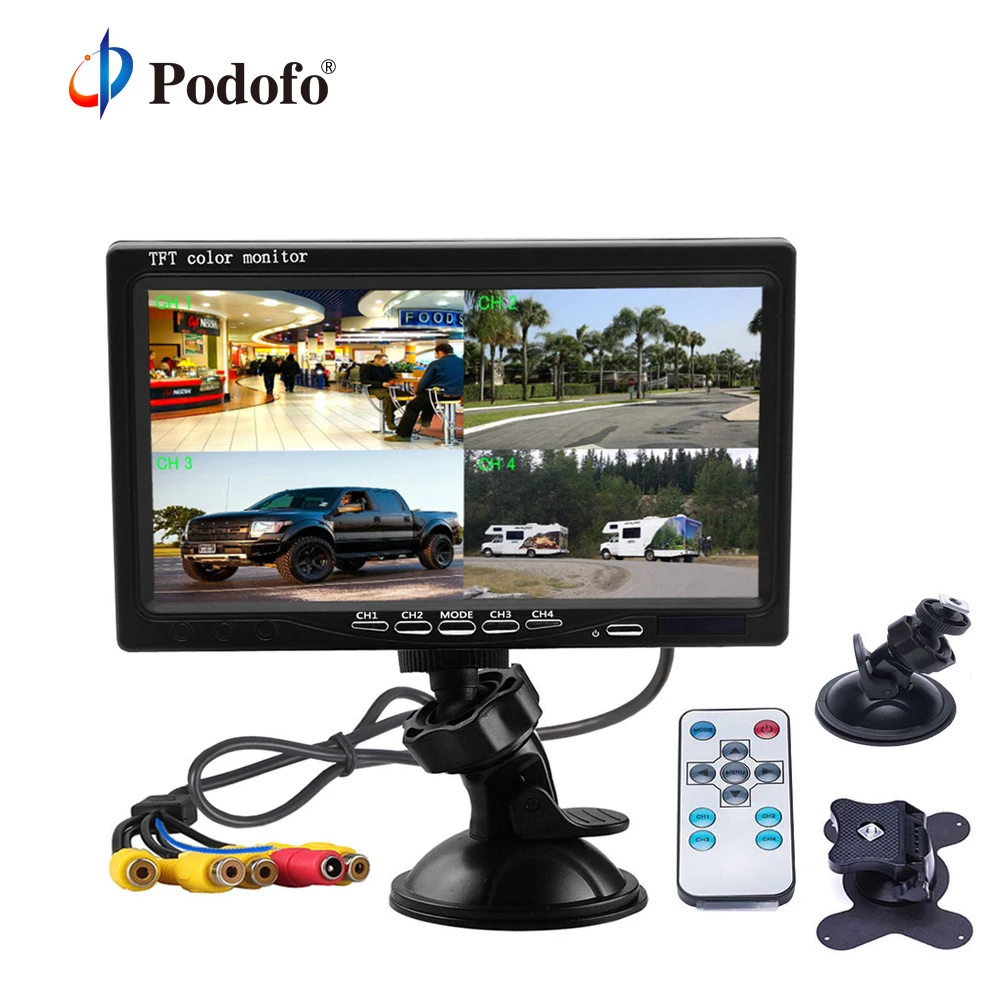 

Podofo 7" Split Screen Quad Monitor 4CH Video Input Windshield Style Parking Dashboard For Car Rear View Camera Car-styling