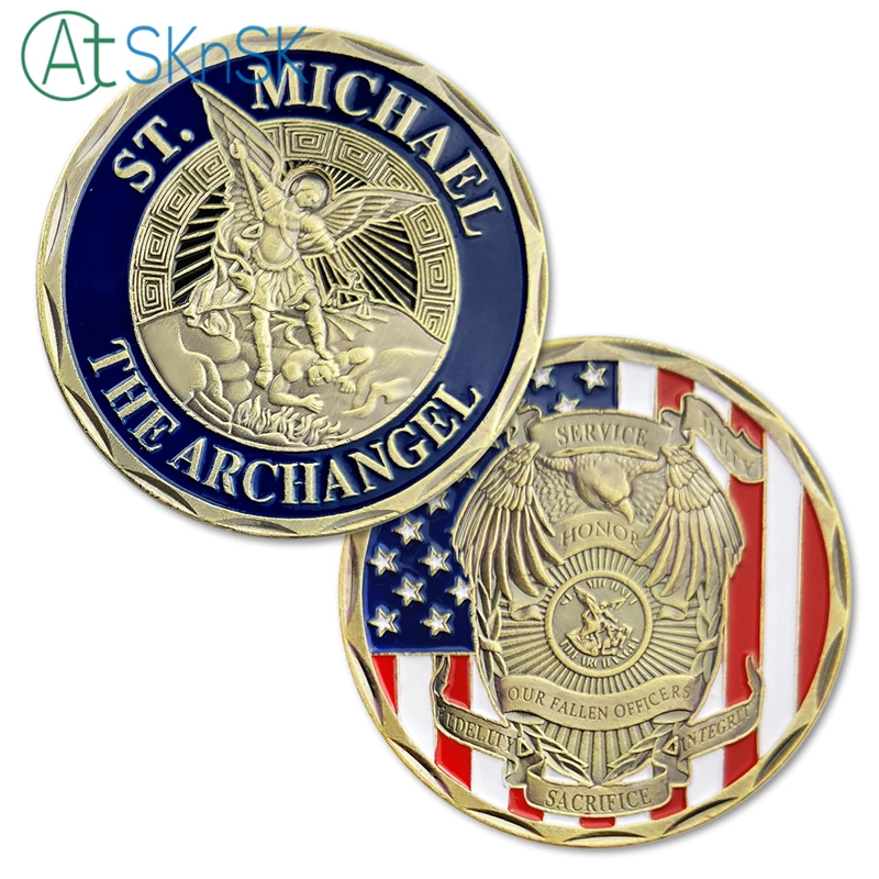 

Fashion Unite states flag ST Michael archangel officer and police officer Coin Badge Antique Bronze Challenge Coins collectibles