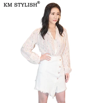 

2019 New Women's Fashion V-neck Blouse White Striped Puff-sleeve Bandage Top Loose Comfortable Shirt