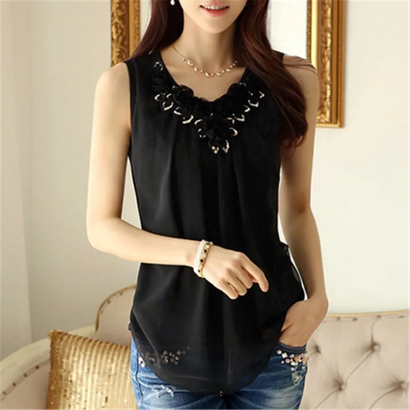 Womens Blouse Shirt Femininas Summer Tops and Blouses Lace Elegant Sleeveless Blusas Crochet Casual Flower Tops Plus Size Women