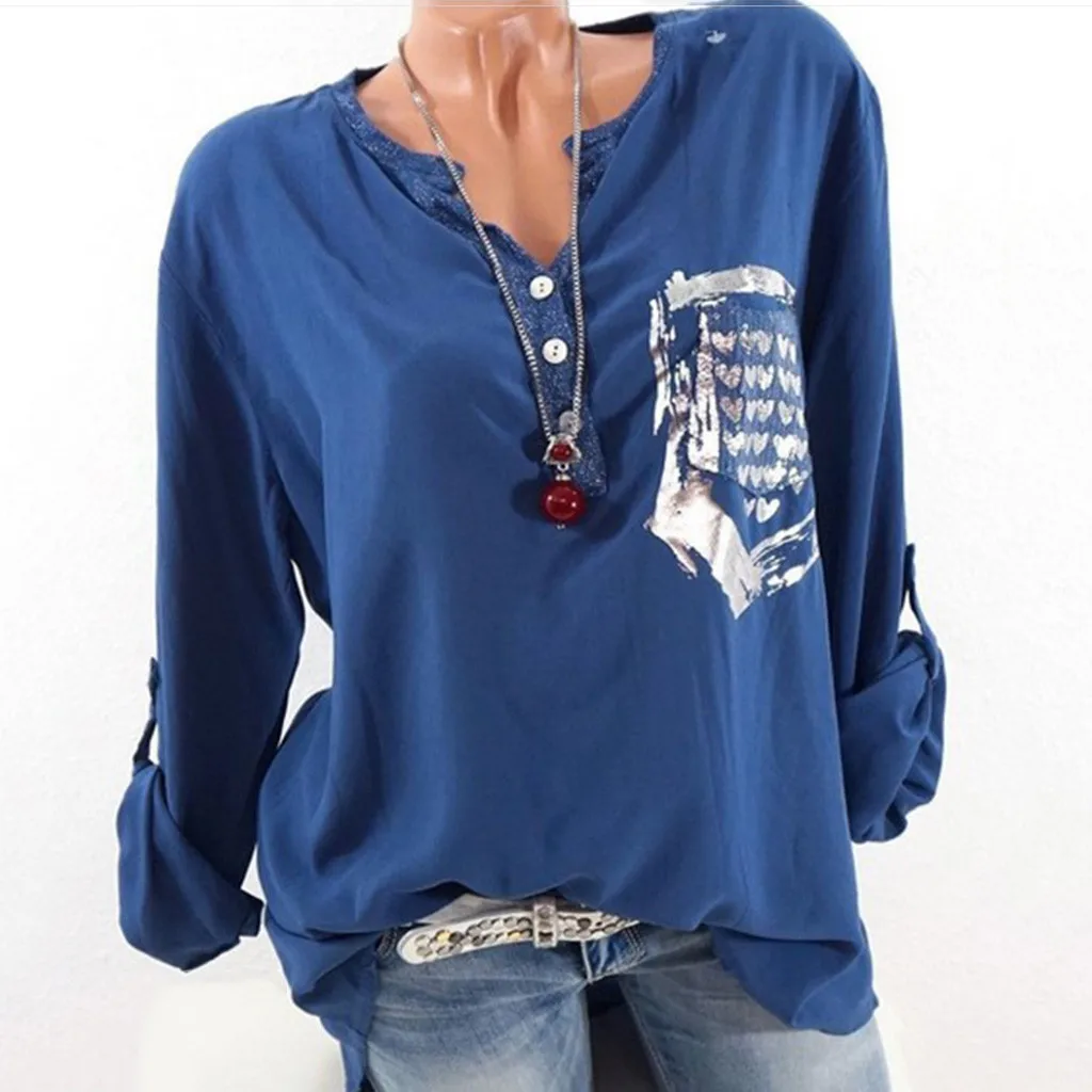 

SAGACE Women's Fashion summer blouses for women 2019 Solid Color Casual Round Neck Printed Pocket Long-Sleeved Shirt top female