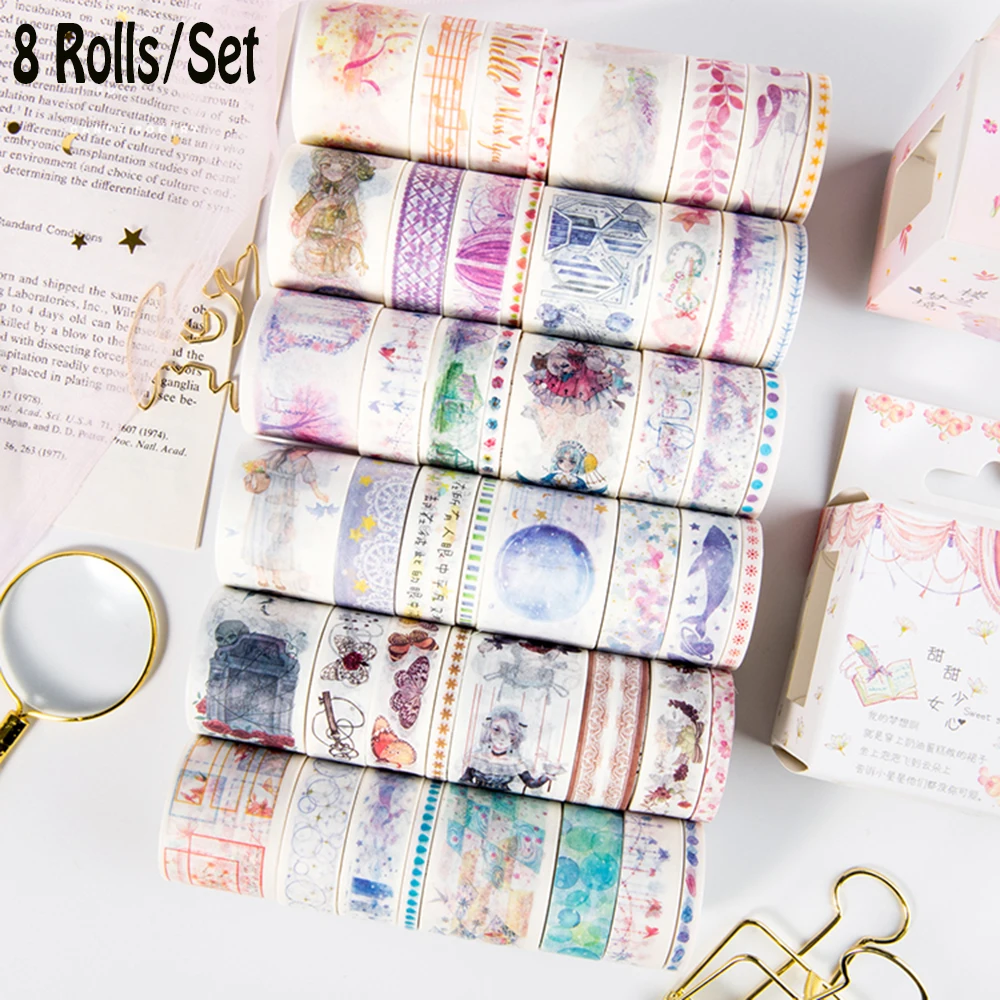 

8 Rolls/Set Paper Tape Dream Romance Series Diary DIY Decorative Stickers Student Stationery Office Supplies